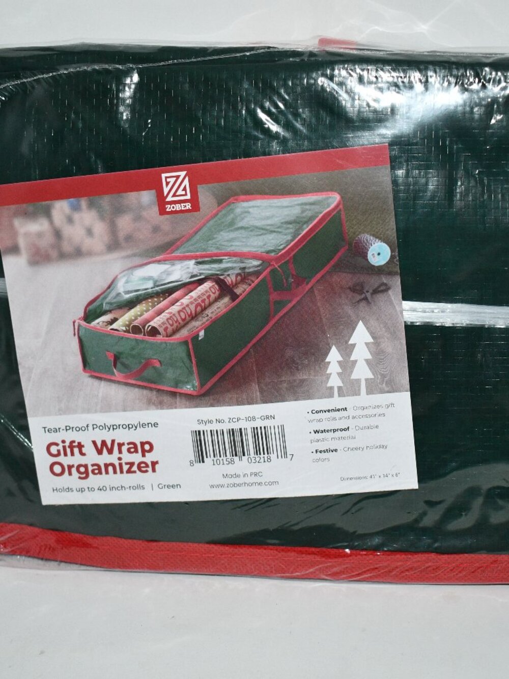 ZOBER Gift Wrap Storage Organizer, 40" Waterproof, Holds 24 Rolls, Green, NWT